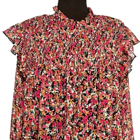 Ophelia Roe Floral Blouse 2X Smocked Bodice Balloon Sleeves Romantic - Picture 2 of 12